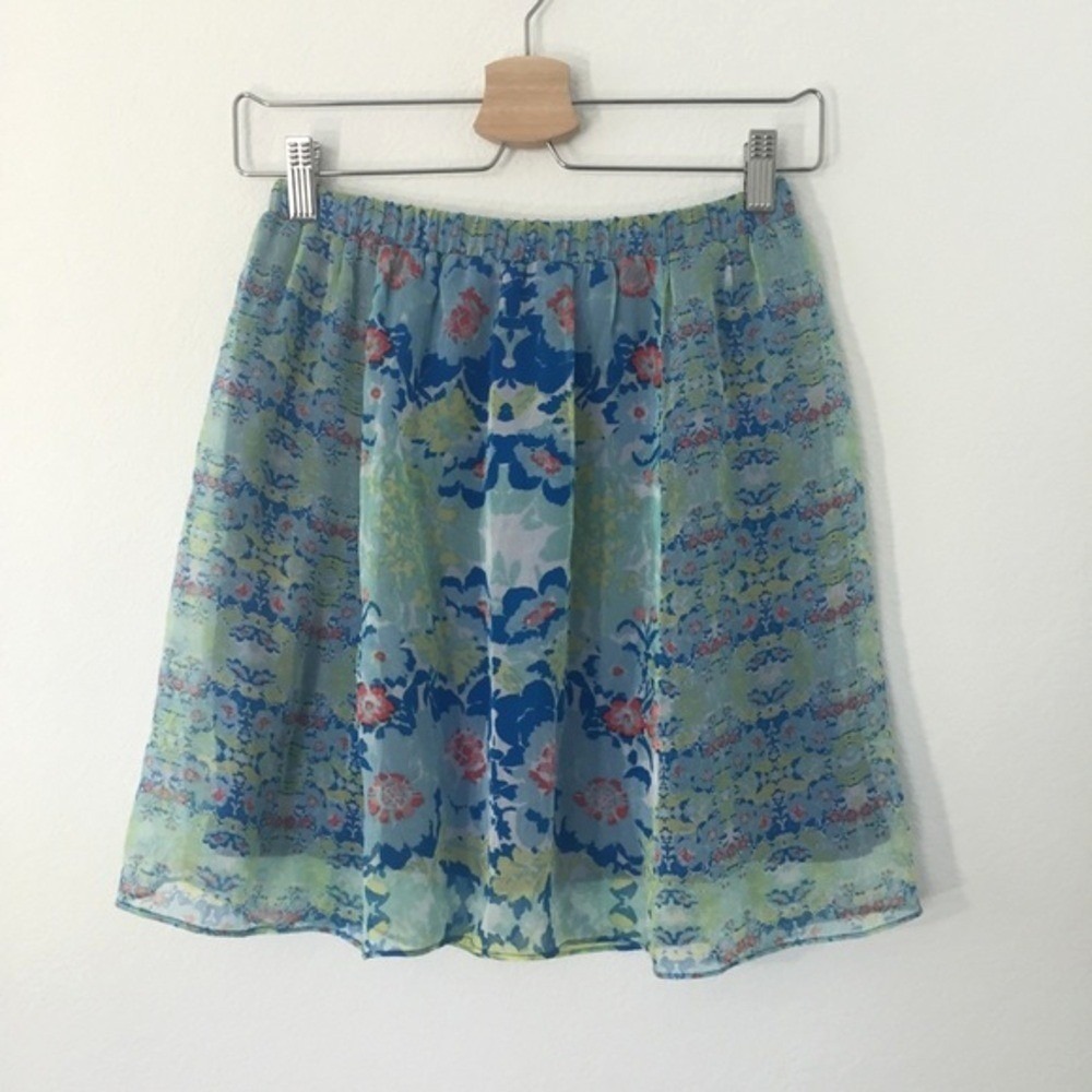 Ella Moss Silk Mini Skirt Womens XS Blue Green Floral Damask EBF314251